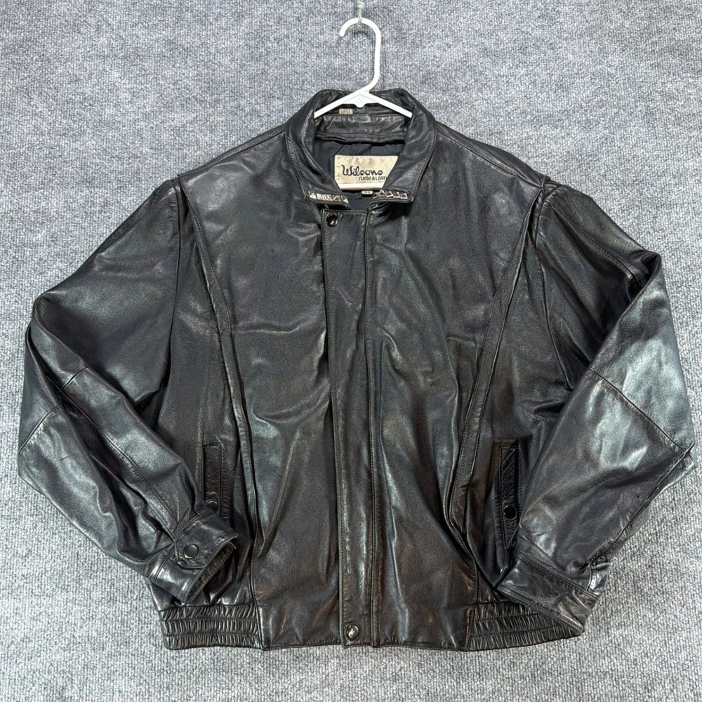 Vintage Wilsons Leather Bomber Jacket Mens 44 Black Studded Collar Biker Korea